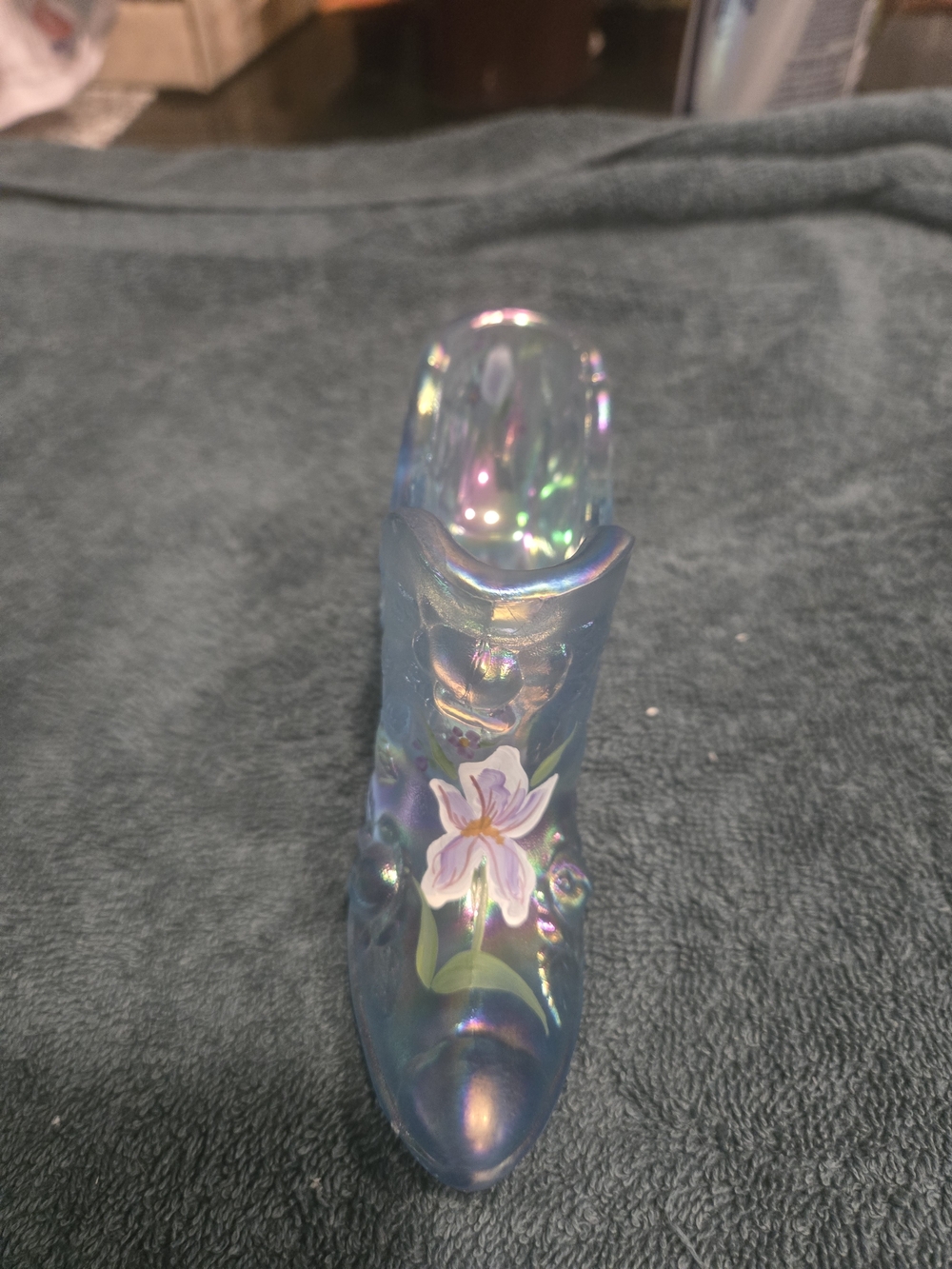 Fenton Iridescent Blue Glass Shoe with Hand-Painted Pink Flower